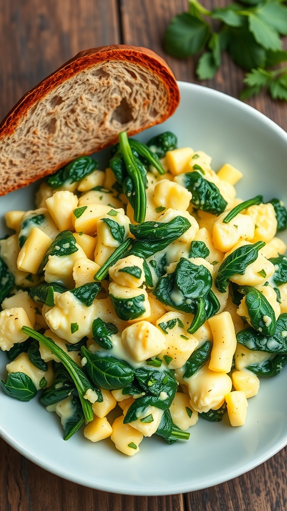 A plate of spinach and egg scramble with herbs, served with toast on a rustic table.